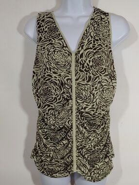 Ellen Tracy Ruched Sleeveless Green and Brown Floral V-Neck Tank Top